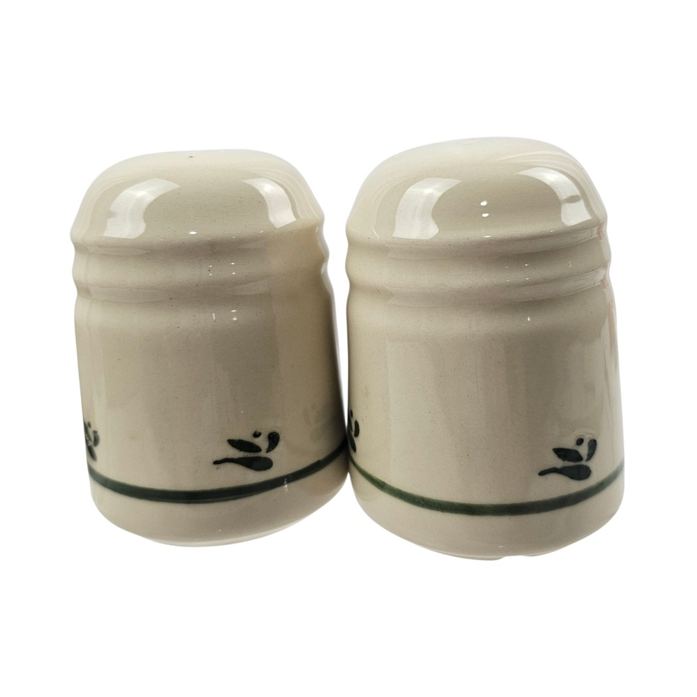 Pfaltzgraff Village Stoneware Salt and Pepper Shakers Set Cream Green Stripe